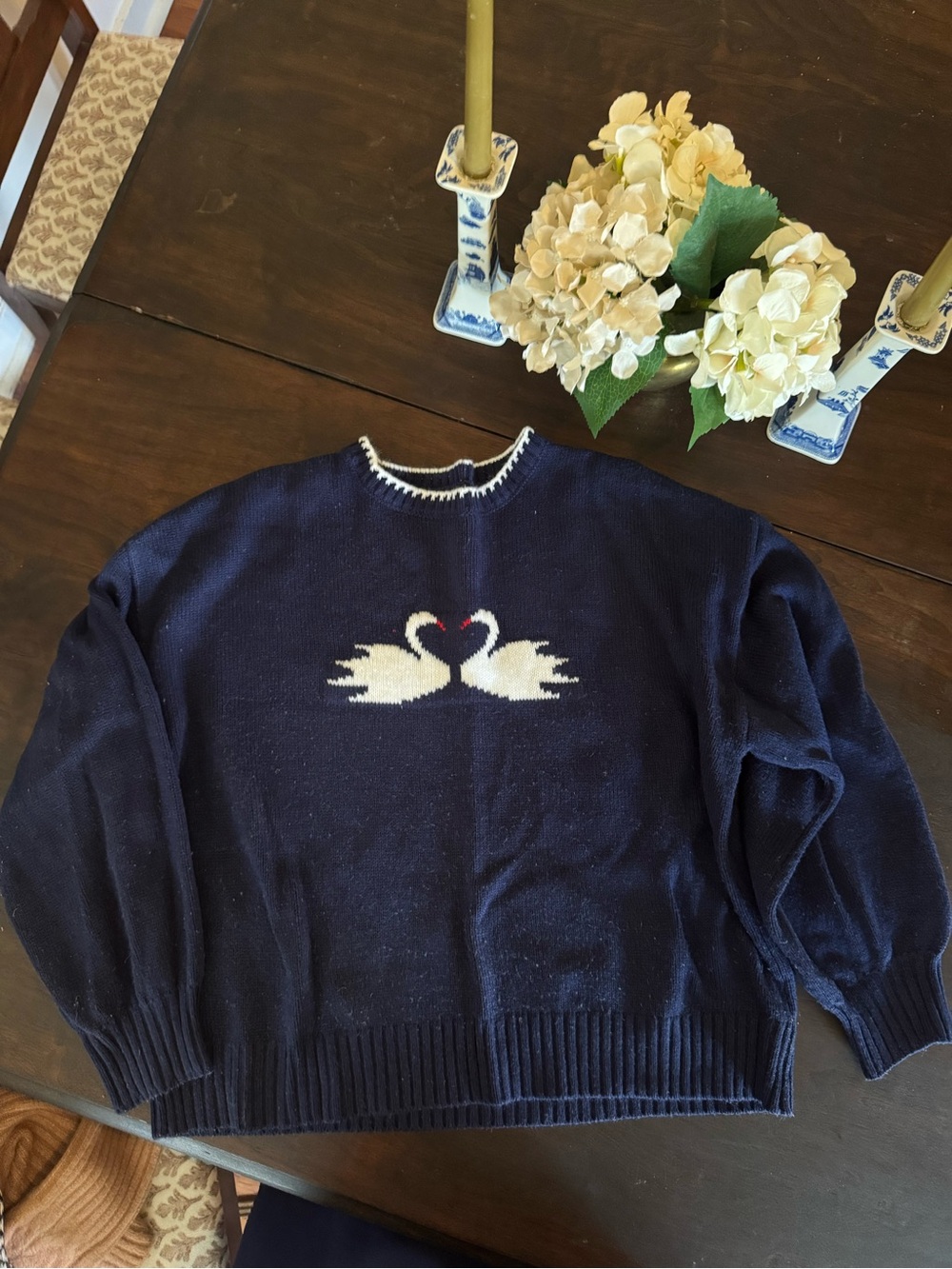 SHEIN Navy Crewneck Sweater with White Swan Heart Motif